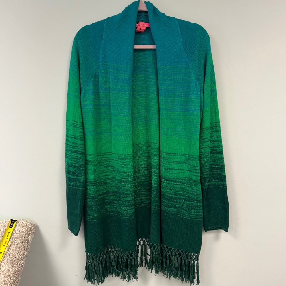 Lilly Pulitzer Tatum OmbrΓ© Cardigan Womens L Evergreen Fringe Resort Marled Boho